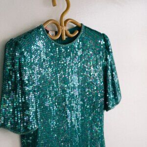 Vintage Laurence Kazar 100% Silk Turquoise Sequin Holiday Dress